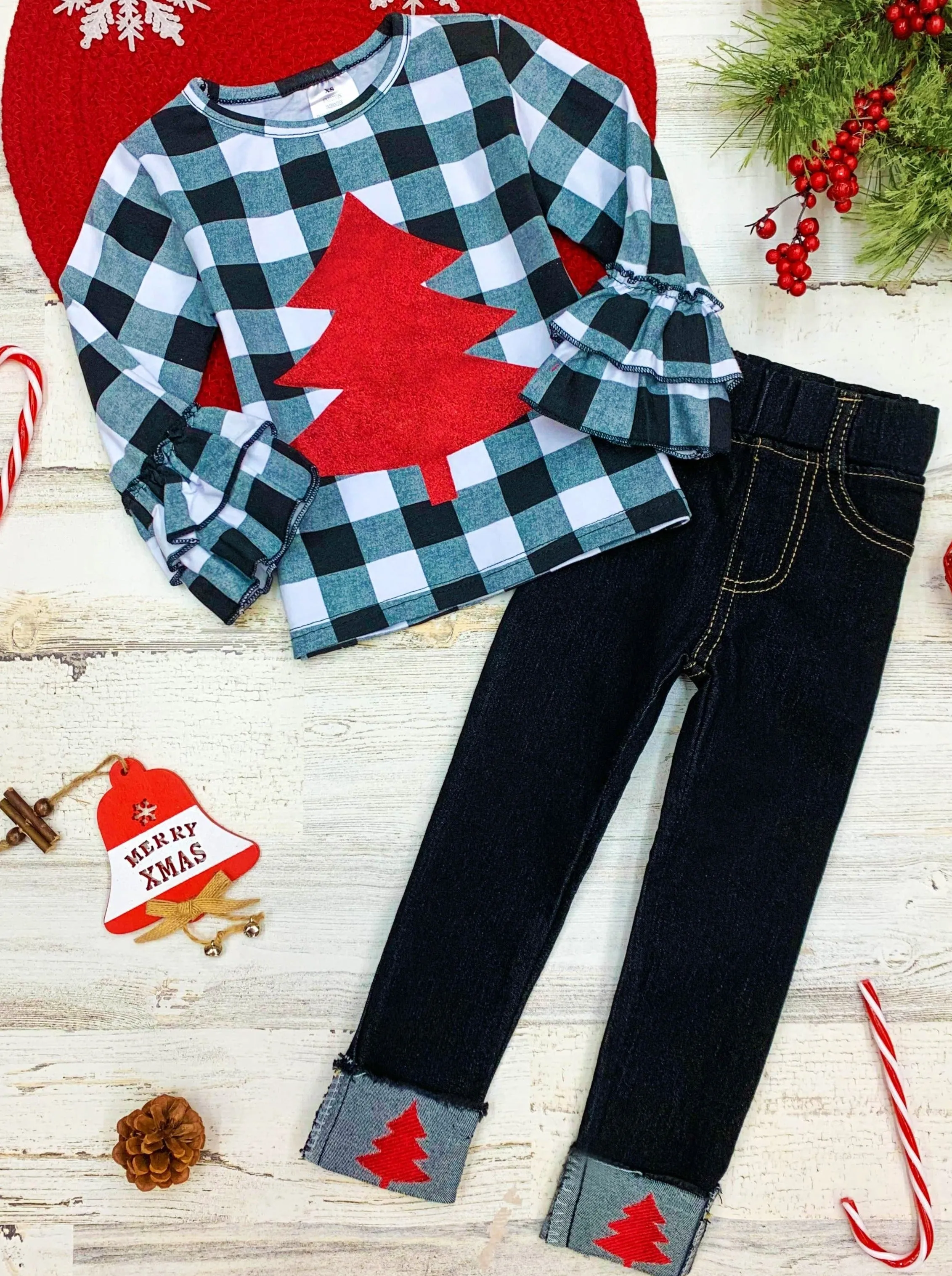 Plaid Shimmer Tree Cuffed Jeans Set