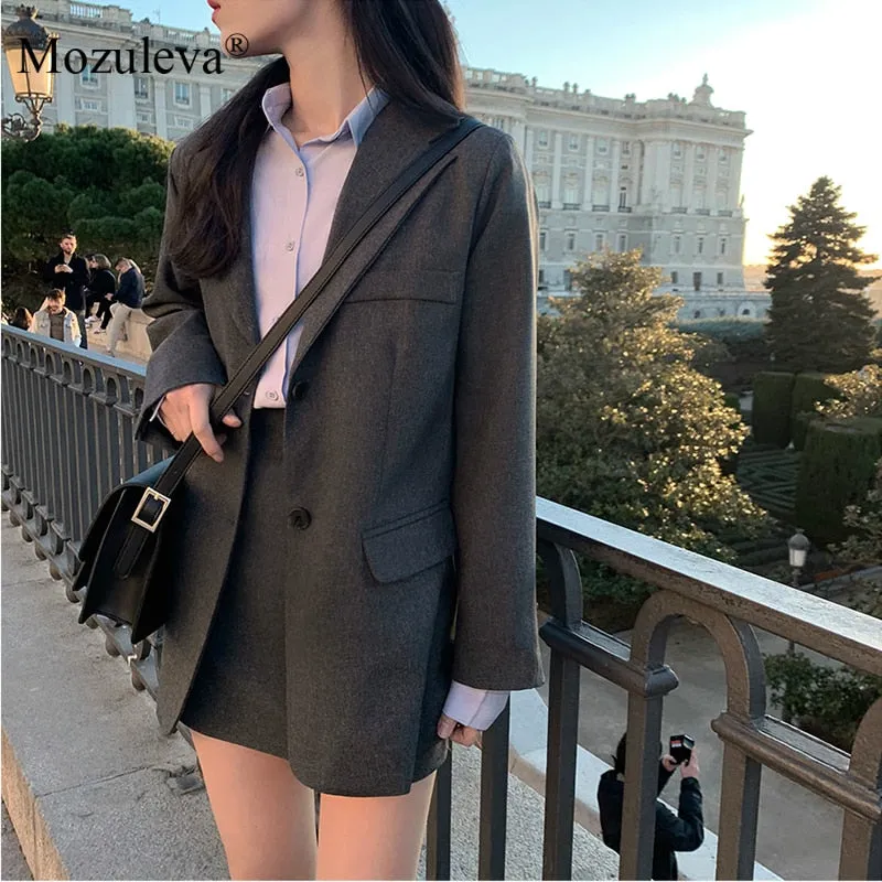 Retro Single Breasted Blazer Jacket & A-Line Skirt Ensemble