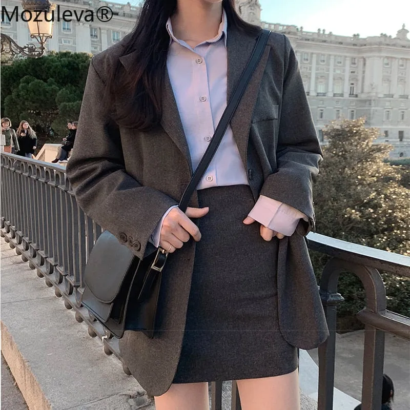 Retro Single Breasted Blazer Jacket & A-Line Skirt Ensemble