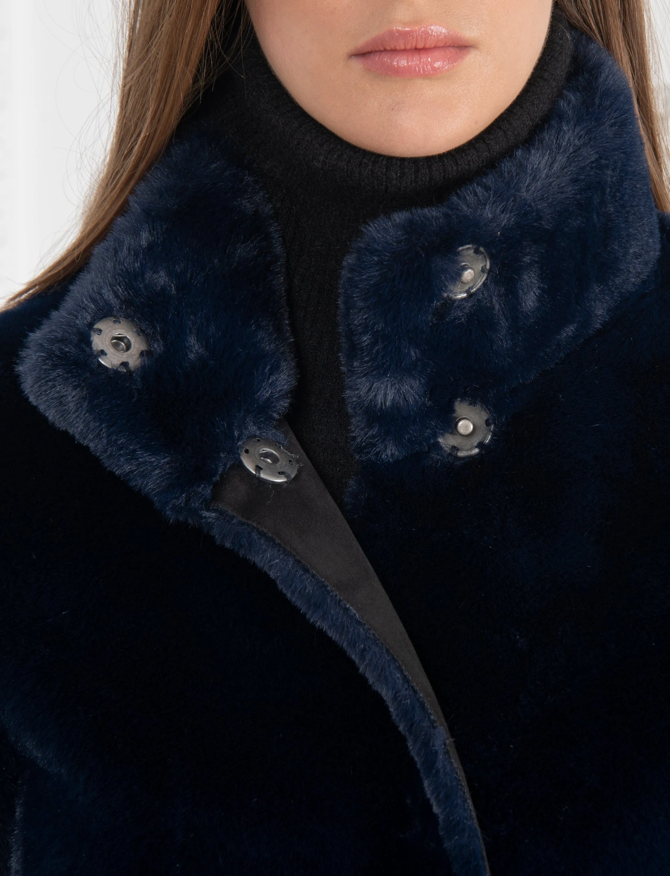 Signature Jackie Stand Collar Recycled Vegan Faur Fux Shearling Coat | Ink Blue