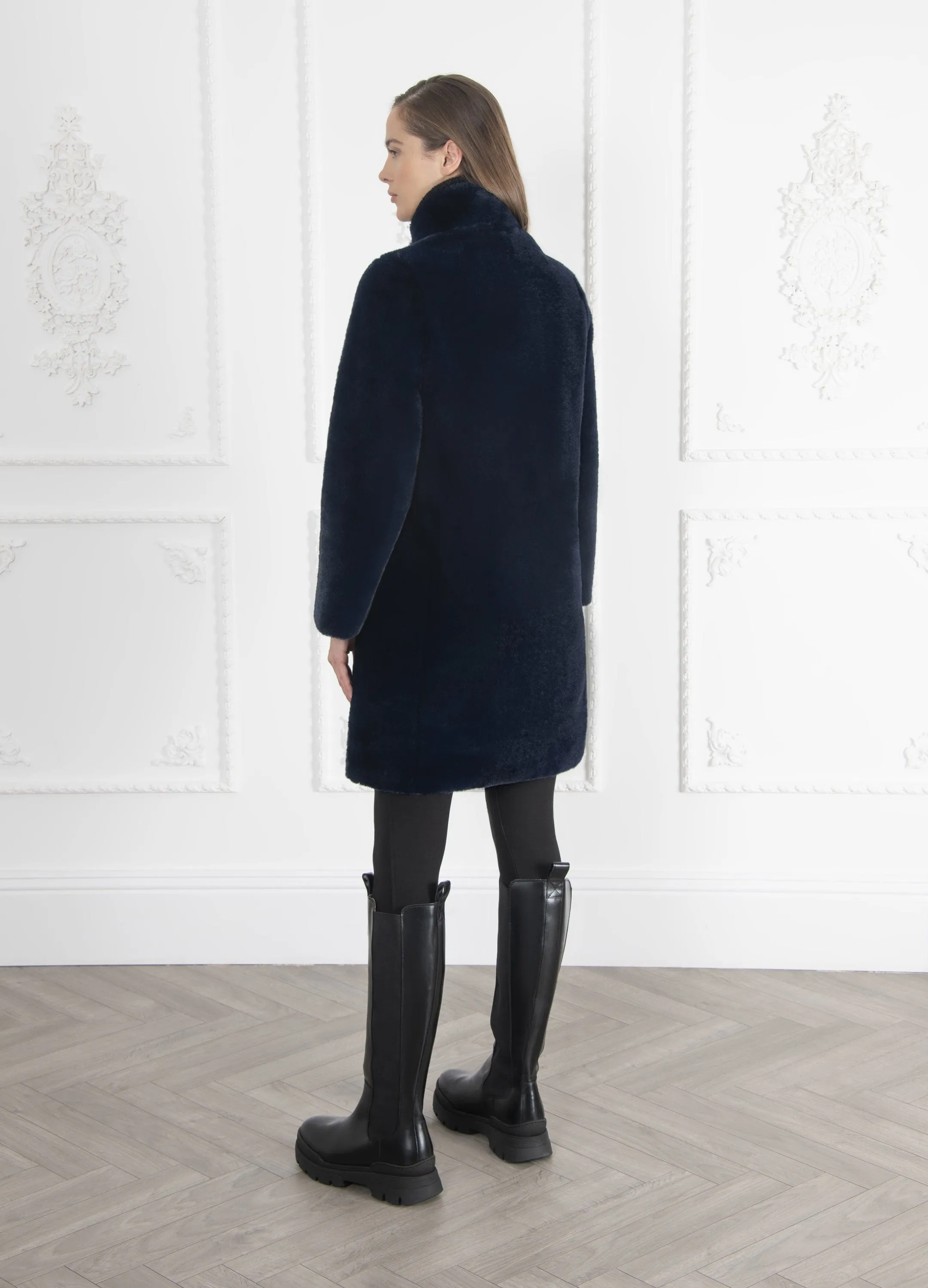 Signature Jackie Stand Collar Recycled Vegan Faur Fux Shearling Coat | Ink Blue