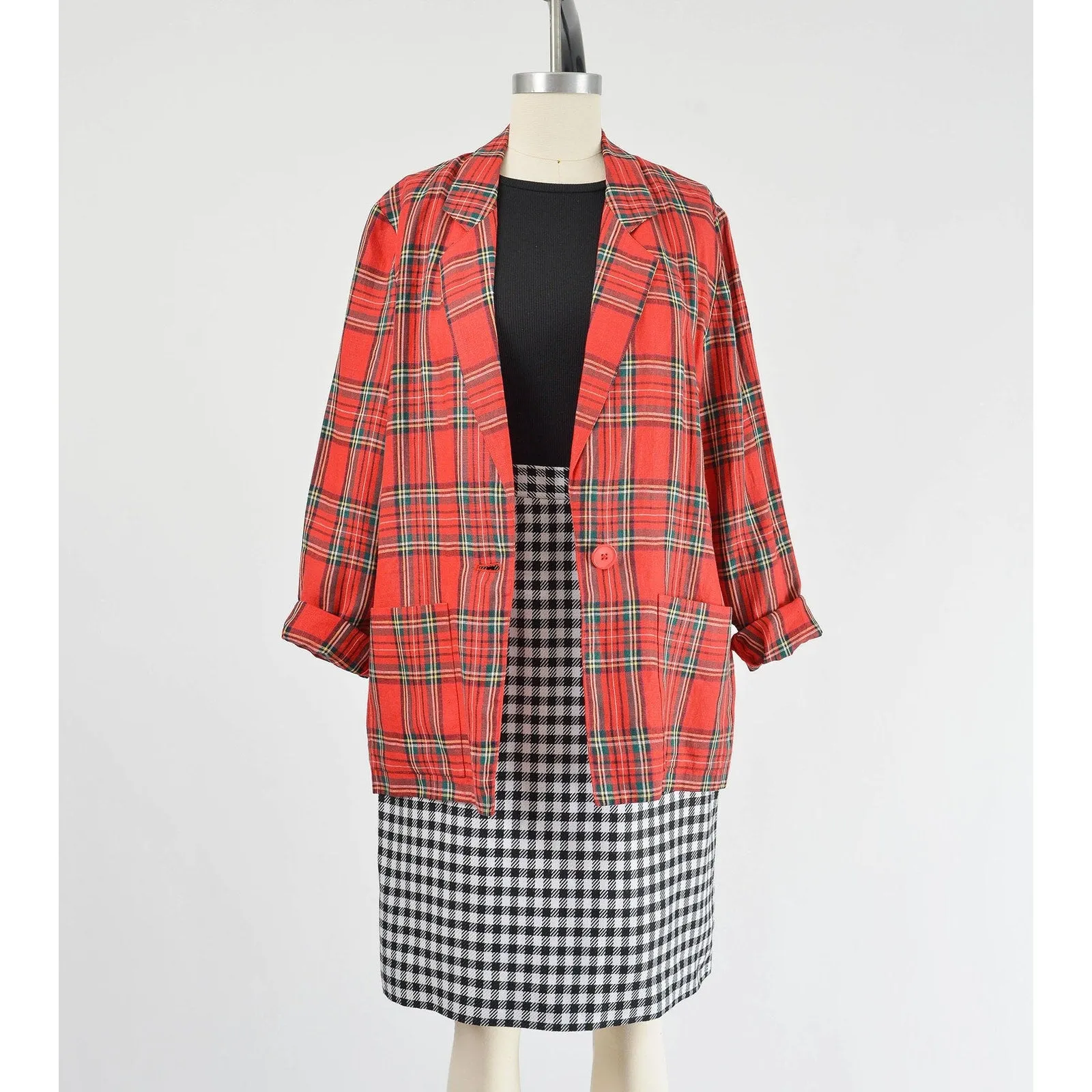 Vintage 80s Red Tartan Plaid Blazer Linen Jacket with Pockets size S M