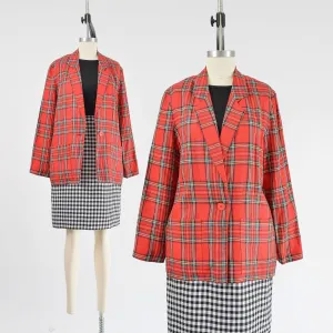 Vintage 80s Red Tartan Plaid Blazer Linen Jacket with Pockets size S M