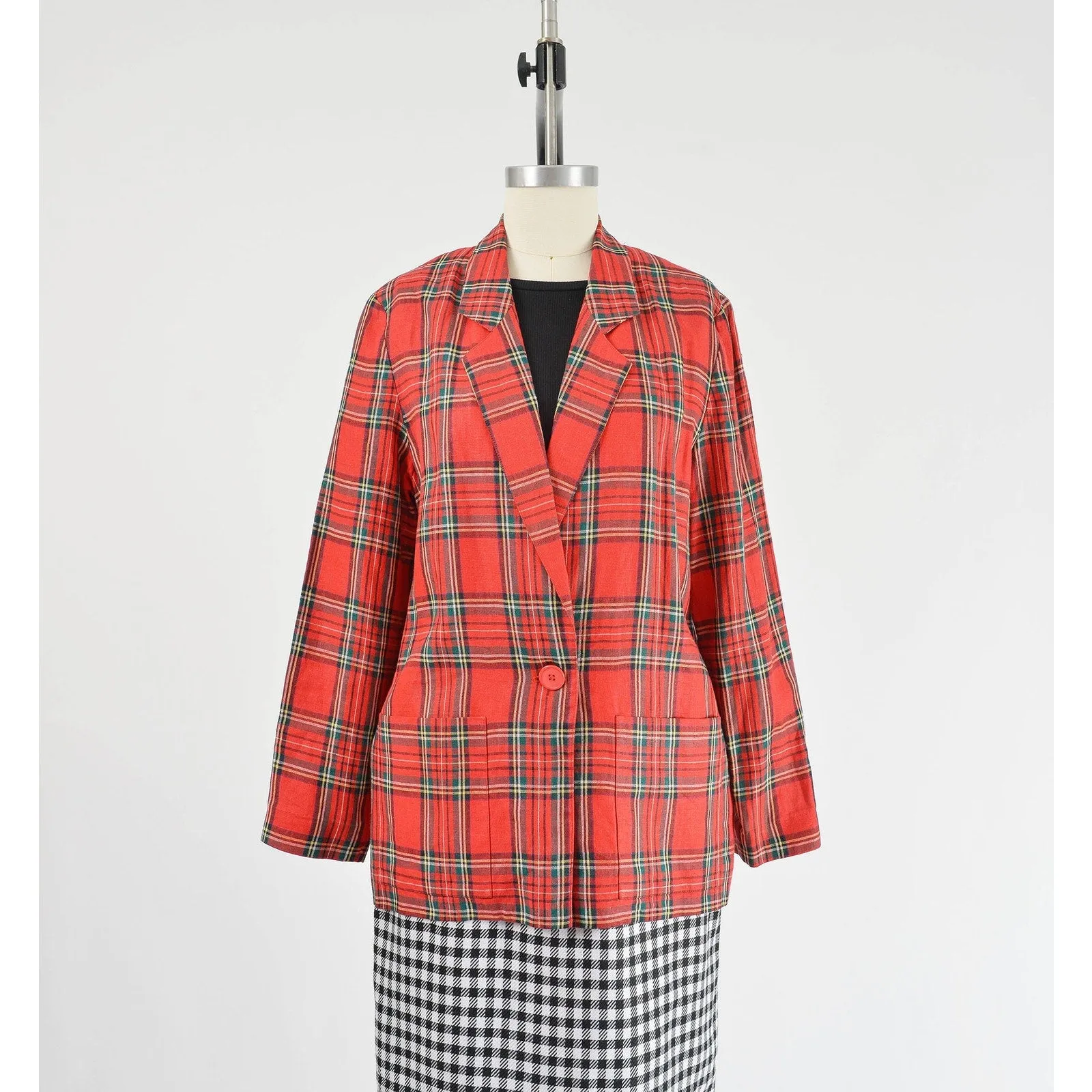 Vintage 80s Red Tartan Plaid Blazer Linen Jacket with Pockets size S M