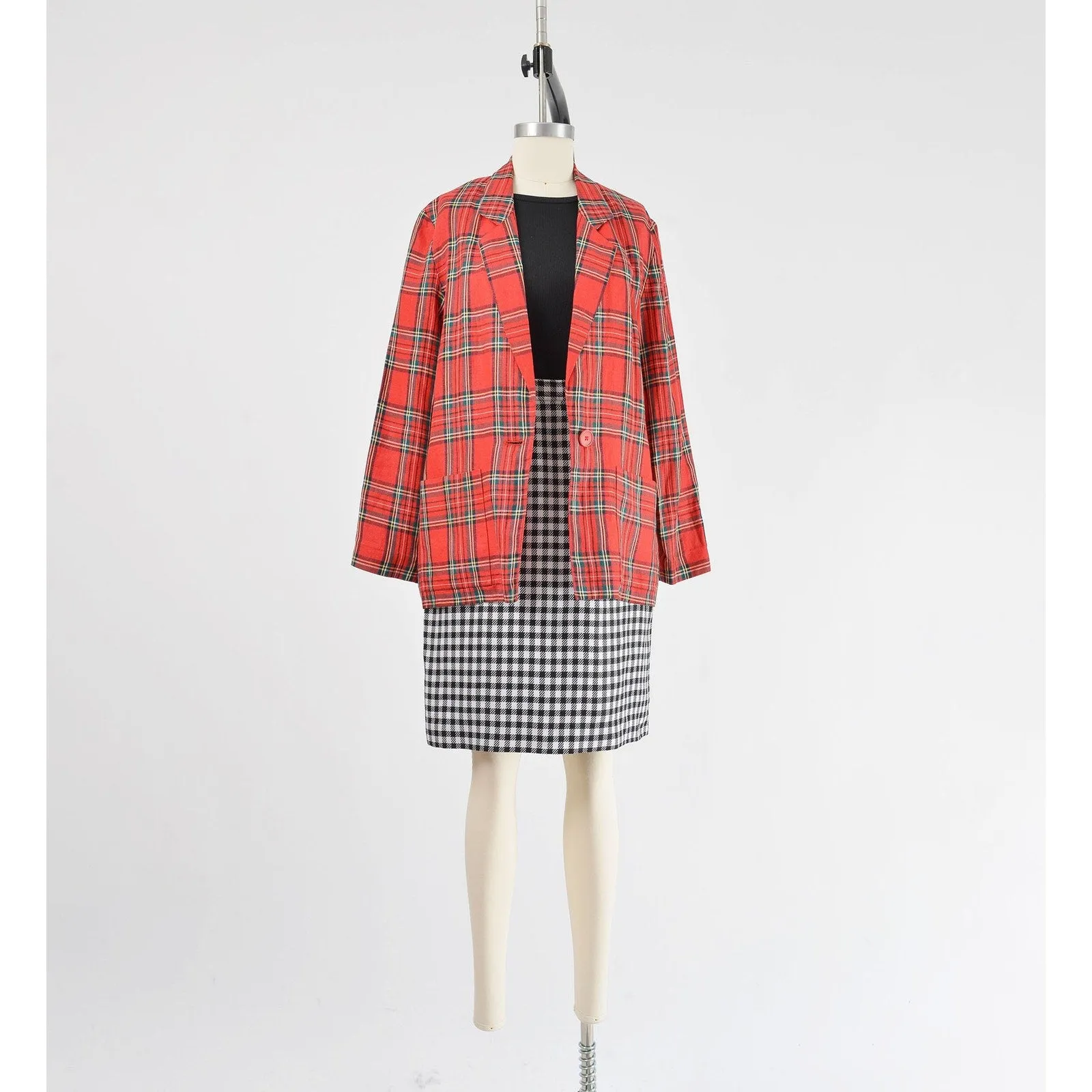 Vintage 80s Red Tartan Plaid Blazer Linen Jacket with Pockets size S M