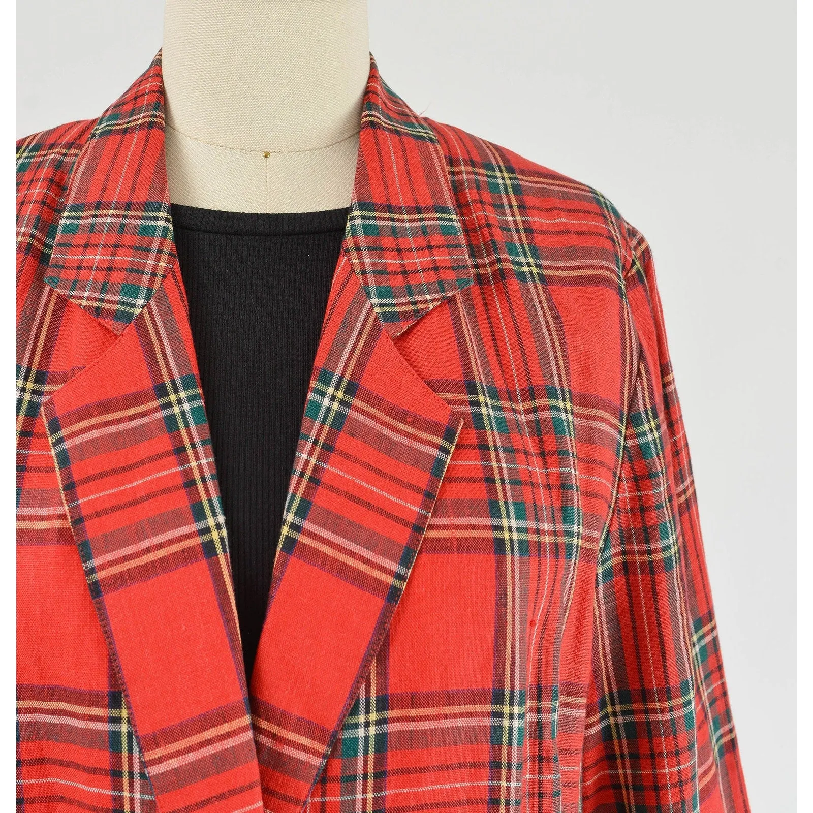 Vintage 80s Red Tartan Plaid Blazer Linen Jacket with Pockets size S M