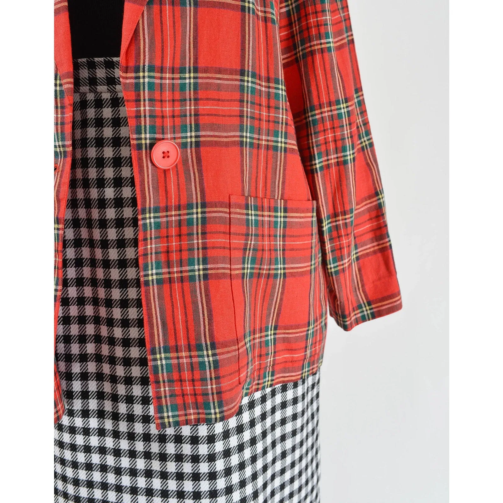 Vintage 80s Red Tartan Plaid Blazer Linen Jacket with Pockets size S M