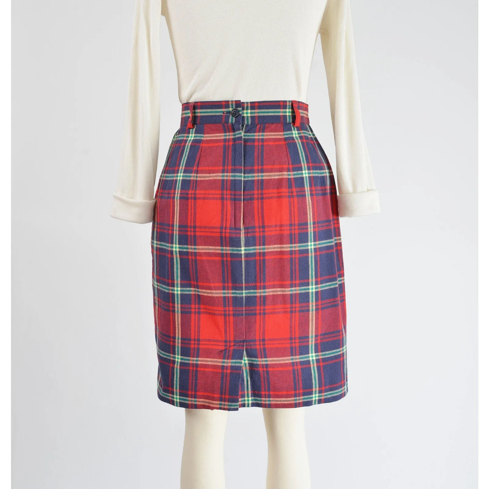 Vintage 90s Plaid High Waist Preppy Cotton Pencil Skirt with Pockets size Small