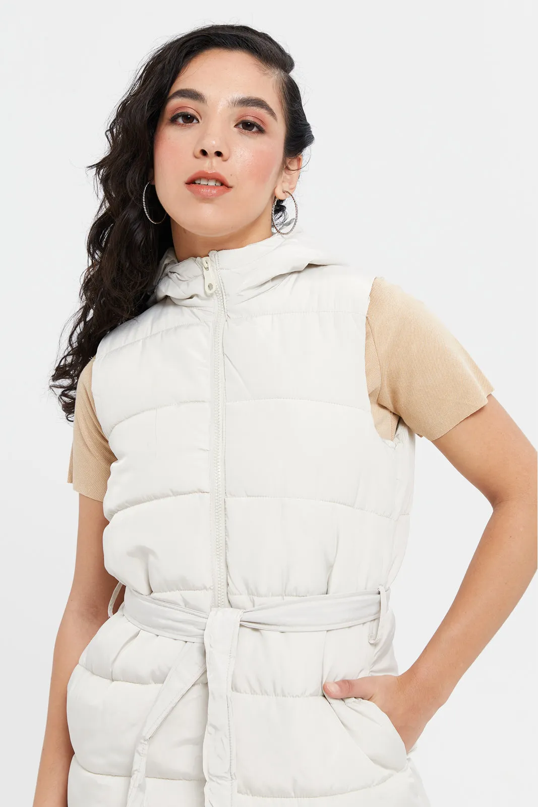 Women Ivory Quilted Longline Waistcoat