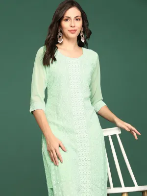 Women Sea Green Embellished Straight Kurta