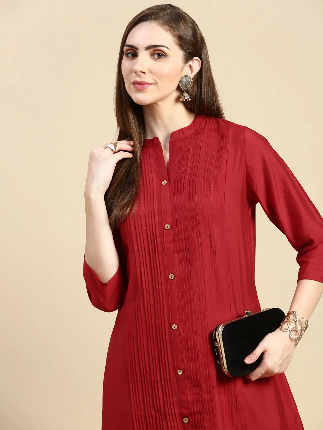 Women Solid Red A-Line Kurta