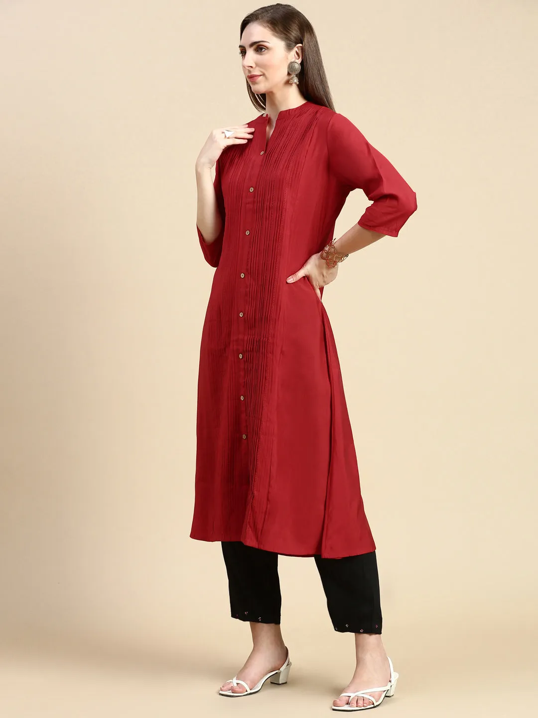 Women Solid Red A-Line Kurta