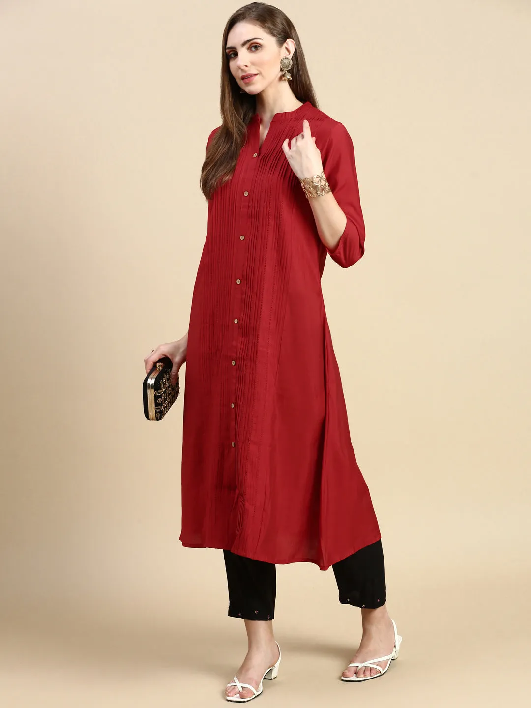 Women Solid Red A-Line Kurta