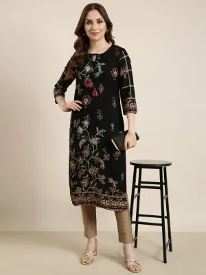 Women Straight Black Floral Kurta