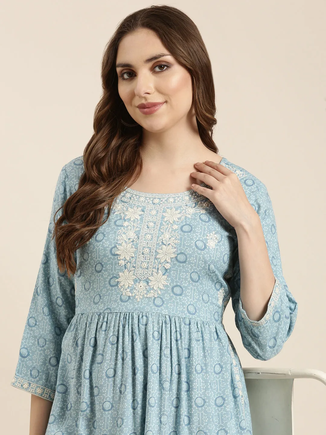 Women Straight Blue Floral Kurta