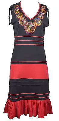 womens-black-red-sleeveless-cotton-dress-with-neckline-embroidery