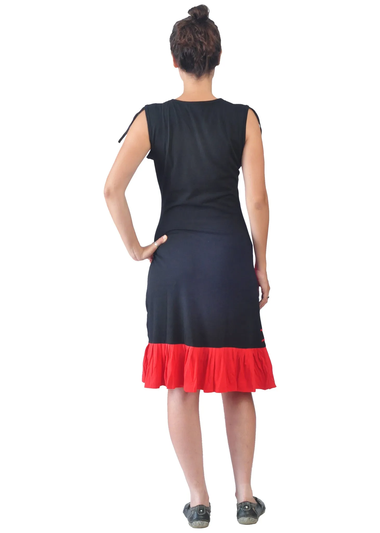 womens-black-red-sleeveless-cotton-dress-with-neckline-embroidery