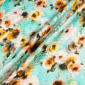 Yellow & Ivory Rose Printed Aqua Cotton & Silk Blend Cloqué