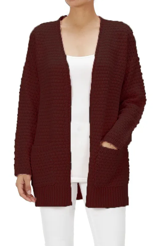 Yemak Women's Oversized Open Front Popcorn Knit Sweater Cardigan with Front Pockets HK8145